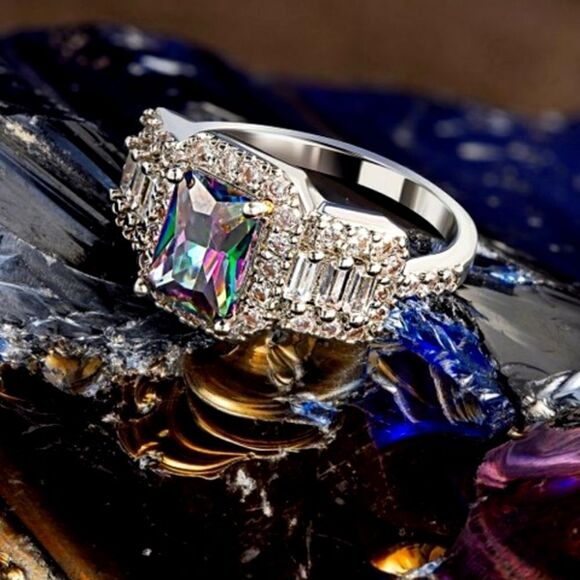 Rainbow stone emerald cut engagement ring baguette ring size 10 - Picture 2 of 3